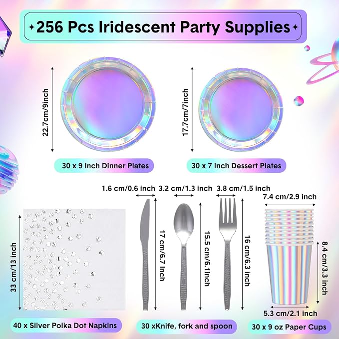 Sliner 256 Pcs Iridescent Party Decorations Supplies Holographic Party Decorations, Includes Paper Plates Cups Napkins Silver Cutlery Straws Plastic Tablecloth Foil Fringe Curtain Hanging Dot Streamer