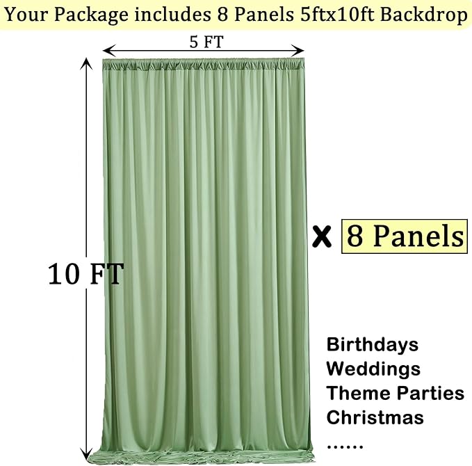NSSONBEN 40ft x 10ft Wrinkle Free Sage Green Backdrop Curtains for Parties, 8 Panels 5x10ft Thick Fabric Photo Backdrop Drapes for Wedding Party Background Birthday Decoration