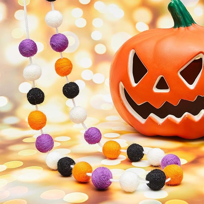 WILLBOND 3 Pieces Wool Felt Rainbow Ball Garland Colorful Pom Pom 6.5 ft Long 24 Ball Garland for Easter Mardi Gras Classroom Halloween Thanksgiving Xmas (Purple,Orange,Black,White)