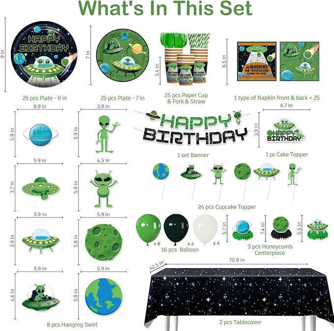 Xynic 205pcs Alien Birthday Decorations Complete Party Set, Serves 25 guests, Alien Birthday Party Decorations, Outer Space theme party supplies, includes Banner Cake Decor Plates Napkins Tablecloth