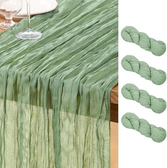 DeZerlor Sage Green Cheesecloth Table Runner 4 Pack Spring Easter Table Runners Boho Gauze 120 Inches Sage Cheese Cloth Table Decor for Wedding Bridal Baby Shower Parties