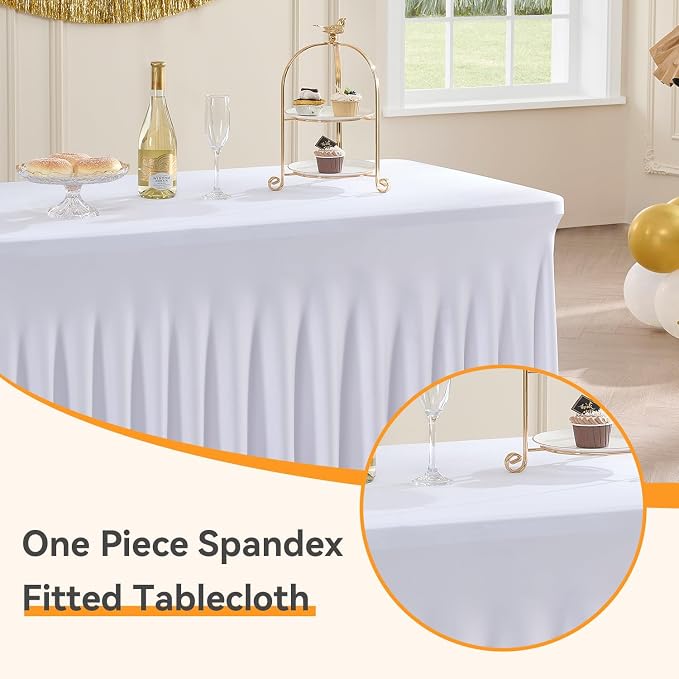 Outpain White Spandex Table Clothes for 8 Foot Rectangle Tables-3Pack 8FT Spandex Fitted Table Cover, Wrinkle Free Tablecloths with Skirt for Parties, Wedding, Birthday, Banquet, Festival