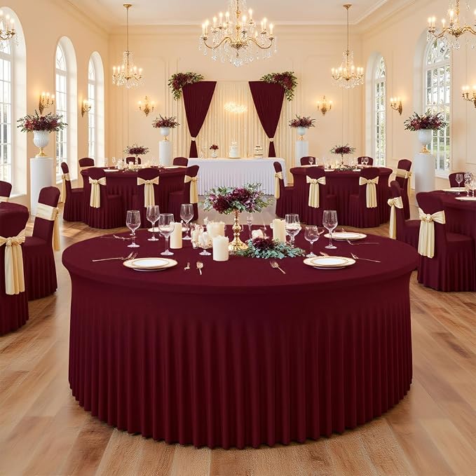 Burgundy Round Tablecloth 60 inch Stretch Spandex Fitted 5FT Round Banquet Tablecloths Wrinkle Free Table Cover Stitch Circle Tablecloth with Ruffle Skirt for Wedding Party Birthday Decor