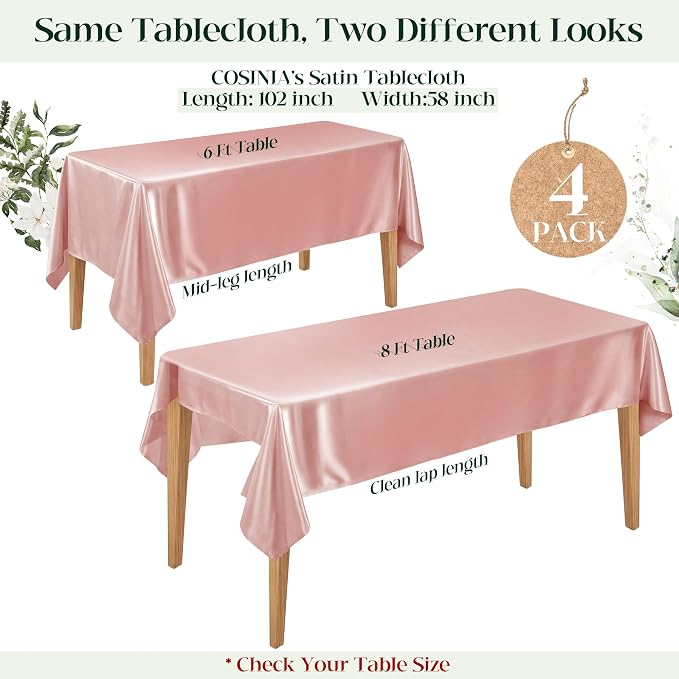 4 Pack Rose Gold Satin Tablecloth 58 x 102 Inches, Rectangular Satin Table Cloths for Wedding Reception, Birthday Party, Graduation & Holiday Banquet Tables
