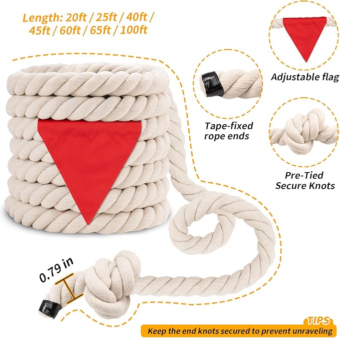 Tug of War Rope for Kids & Adults - 20ft Soft Cotton Outdoor Pulling Rope with Flag for Team Building Activities Field Day Family Reunions Birthday Parties Camping Games- Beige