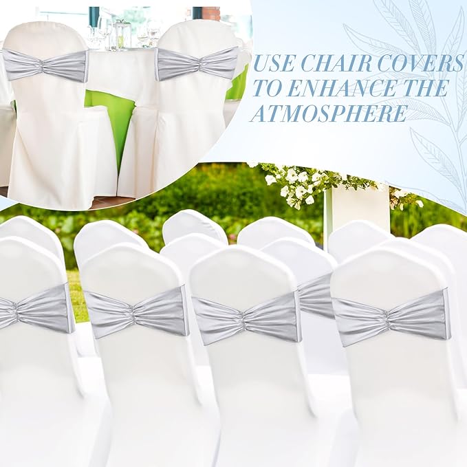 Hahafelt 100 pcs Chair Sashes Shiny Bow Spandex Bands for Chair Wedding Banquet Parties Reception Restaurant Decoration, Sliver