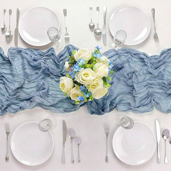 Dusty Blue Cheesecloth Table Runner 21x120 Inch Gauze Table Runners Reusable Polyester 10ft Boho Rustic Cheese Cloth Table Runner for Wedding Party Baby Shower Birthday