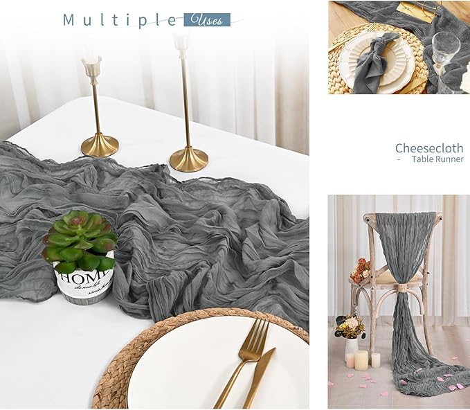 Showgeous 10 Pack Grey Cheesecloth Table Runner Gauze Table Runner 10FT Long Semi-Sheer Table Runner Boho or Rustic Wedding Table Decor for Wedding Decor Arch Draping Bridal Shower Holiday Party