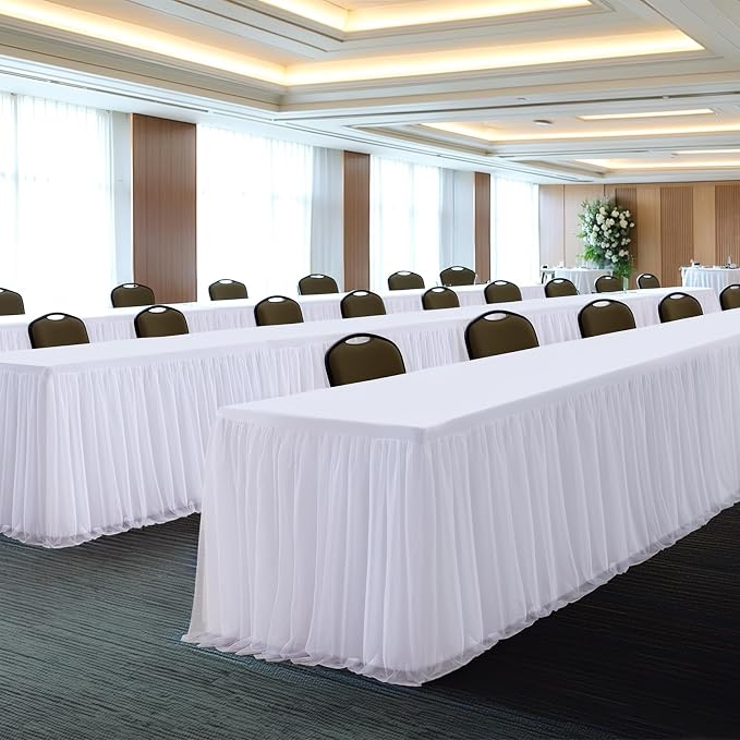 2-in-1 White Tablecloths with Tulle Table Skirt for 8 Foot Rectangle Tables, Party Ruffle Tutu Table Skirt Stretch Fitted Covers for Wedding Reception Birthday Baby Shower Celebration Banquet Event