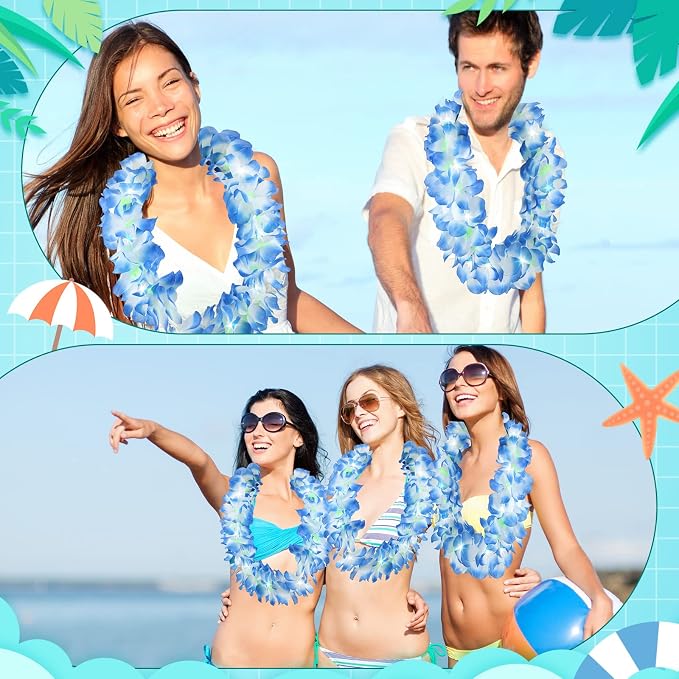 Sherr 48 Pcs LED Hawaiian Leis Light up Flower Leis Necklace with LED Lights Luau Flowers Necklaces for Masquerade Beach Wedding Tropical Themed Party Supplies(Blue)