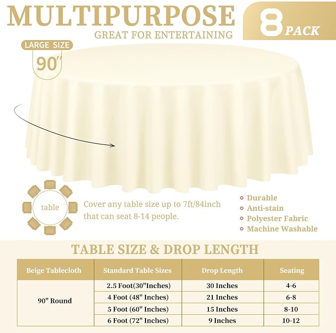 Showgeous 8 Pack Beige Round Tablecloth 90 Inch Round Table Cloths Washable Polyester Tablecloths for Round Tables Wrinkle Resistant Table Cloth Decorative Fabric Table Cover for Wedding Party