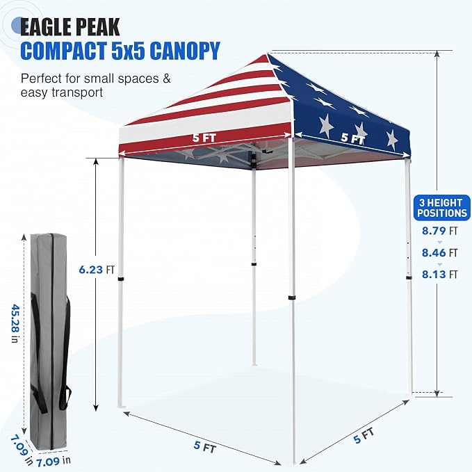 EAGLE PEAK 5x5 Pop Up Canopy Tent Instant Outdoor Canopy Easy Set-up Straight Leg Folding Shelter, American Flag