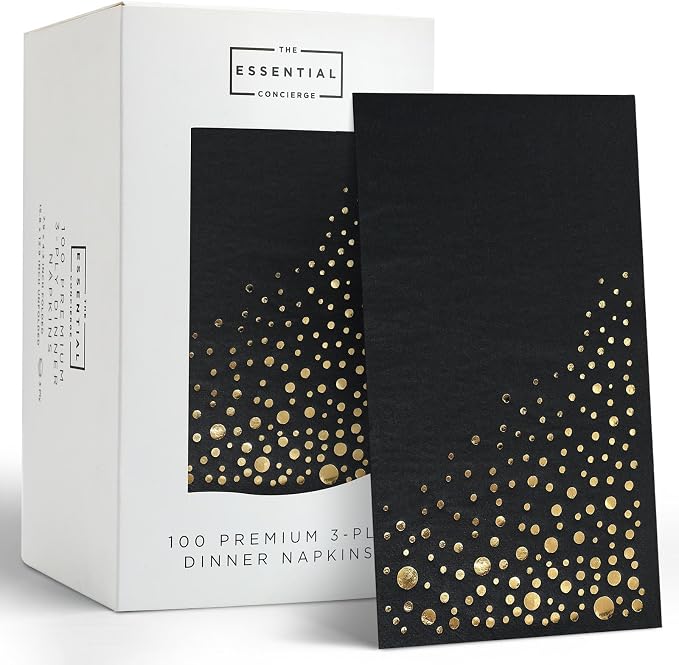 Stylish Black and Gold Napkins, 100 Dinner Napkins, Disposable Paper Dinner Napkins for Wedding Reception, Gold and Black Napkins for Party, 7.5 x 4.25 Inch Party Napkins for 50th Birthday Napkins