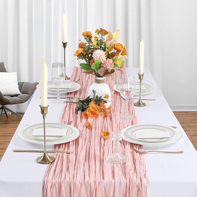 12 Pack Blush Pink Table Runner Cheesecloth 10Ft Spring Gauze Cheese Cloth Table Runner 35x120 Inch Boho Sheer Rustic Fabric for Holiday Party Decor Baby Shower Wedding Decorations