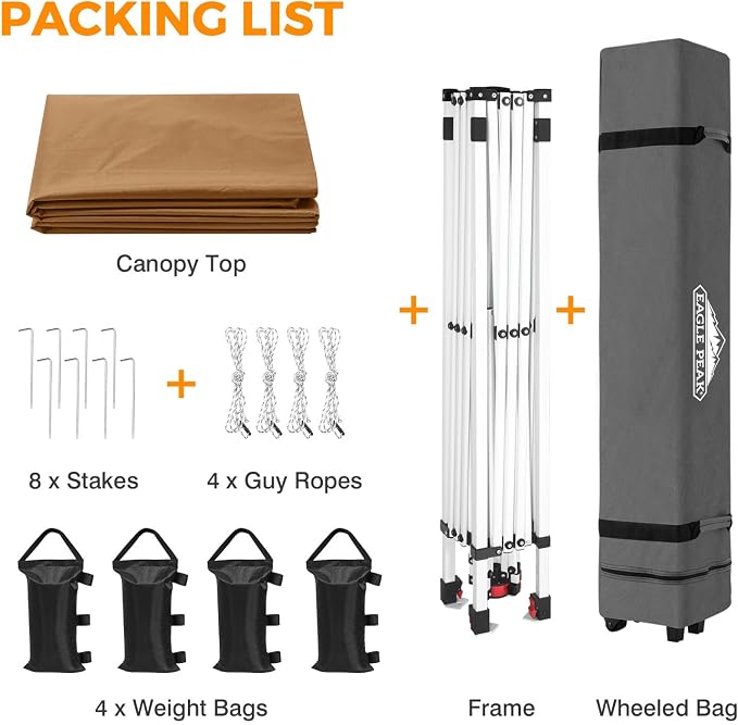 EAGLE PEAK Pop Up Canopy Tent with Wheeled Carry Bag, 8 Stakes, 4 Ropes, 4 Weight Bags, Easy Set Up Tent Canopy, 10x10 ft, 100sqft of Shade, Khaki