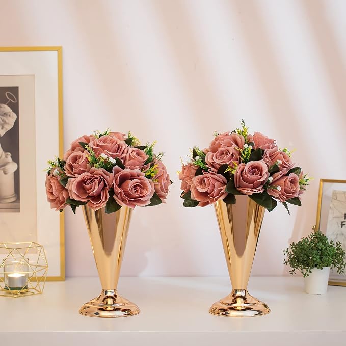 Gold Vase Centerpiece Table Decorations - 10 Pcs Metal Tabletop Flower Stand, Wedding Decorations for Reception, 9.8in Trumpet Tall Flower Vase for Birthday, Weddings, Anniversary, Home Decor