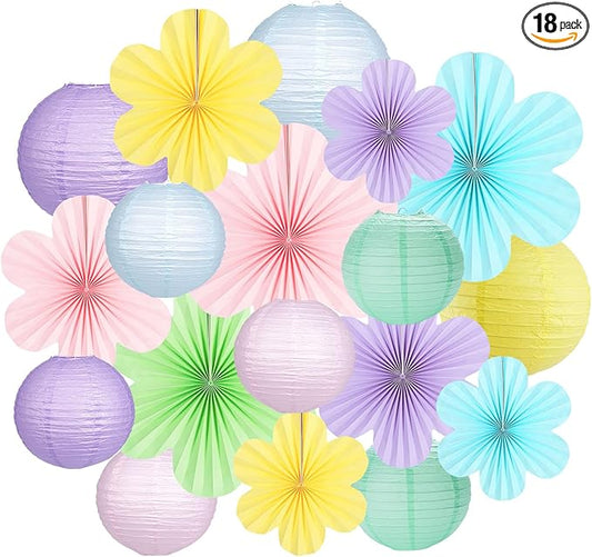 Spring Party Decorations Paper Lanterns and Flower Fans for Spring Baby Shower Birthday Wedding Easter Classroom or Garden Party Decor Set of 18