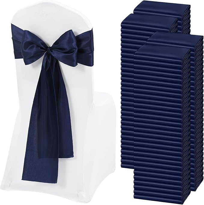 120 PCS Navy Blue Satin Chair Sashes, Ties Bows Designed Chairs Decorative, Chair Cover Sashes for Thanksgiving Wedding Christmas Banquet Party Home Kitchen Decoration (7 x 108 inch)