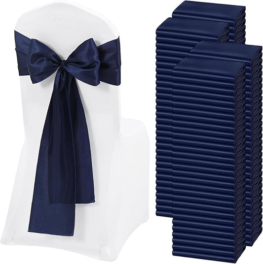 120 PCS Navy Blue Satin Chair Sashes, Ties Bows Designed Chairs Decorative, Chair Cover Sashes for Thanksgiving Wedding Christmas Banquet Party Home Kitchen Decoration (7 x 108 inch)