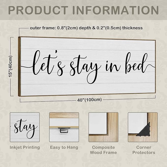 TLESKE Let's Stay in Bed Sign Large Wall Art Decor Framed 15x40, Above Bed Over Bed Canvas Wall Art Decor Print for Bedroom, Rustic Farmhouse Bedroom Signs Wall Artwork Picture