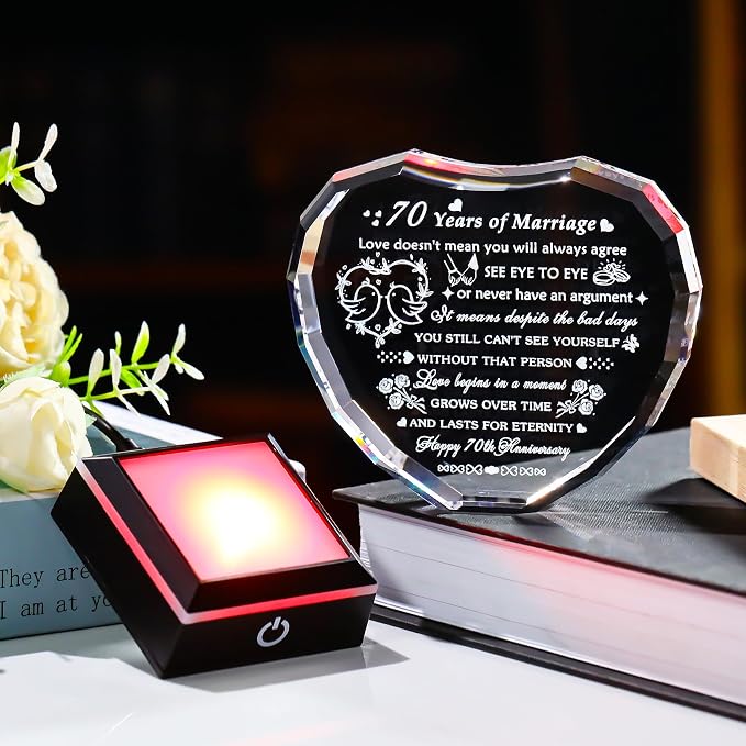 Arikyrist 70th Wedding Anniversary Crystal Heart Gifts for Couple, Laser Engraved 70 Year Anniversary Crystal Gifts for Wife Husband Parents, Romantic 70 Years of Marriage Gift for Him Her Friends