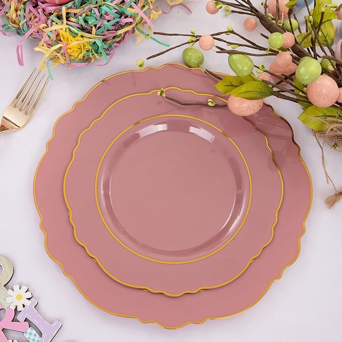 Nervure 100Pcs Mauve Pink Plastic Plates - Mauve Gold Plastic Dinnerware Sets for 20 Guests - 20 Dinner Plates, 20 Dessert Plates, 20 Forks, 20 Knives and 20 Spoons for Wedding & Party & Mother's Day
