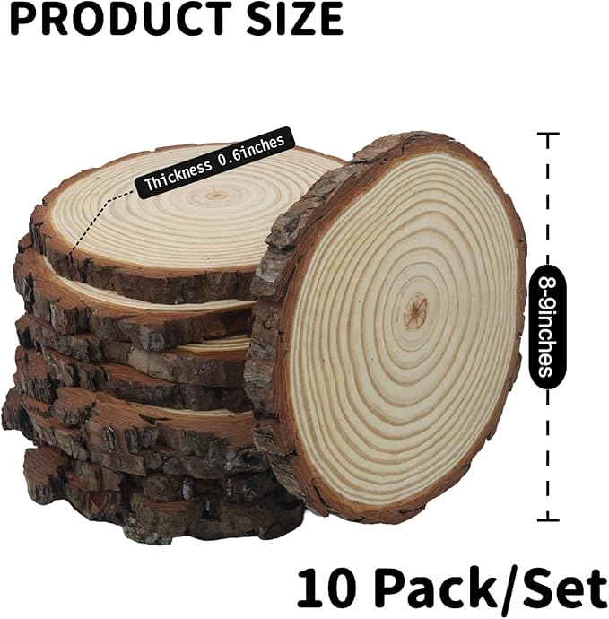 Large Wood Slices for Centerpieces, Natural Rustic Wooden Rounds, 8-9 Inch, Set of 10, for Wedding Tables, Events, Home Decor