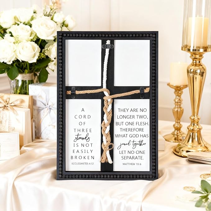 Farmhouse A Cord of Three Strands Wedding Ceremony Sign with Wooden Bead and Hanging Hook, Vintage Rustic Wood Unity Cross for Wedding Ceremony, 11 X 15 Religious Christian Wall Decor Gift for Couple