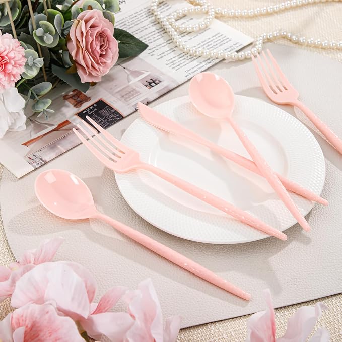Supernal 360pc Heavy Duty Pink Plastic Silverware Set for Wedding Party | - Durable Hammered Cutlery Flatware Utensils (120 Forks, 120 Knives, 120 Spoons) Bulk Pack for Bridal Shower Birthday Party