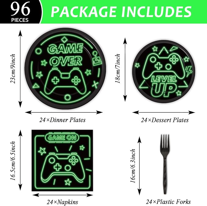 96pcs Video Game Party Supplies Tableware Set Neon Game On Paper Plates and Napkins Green Gaming Birthday Party Decorations Favors for Boys Kids Gamer Baby Shower,Serves 24