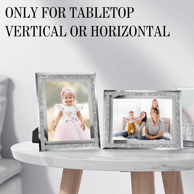 HIKWADERY 5x7 Picture Frames Silver - Set of 2, Sparkle Real Glass 5 by 7 Photo Frame Mirrored Edge Great Gift, for Tabletop Display, Wedding Birthday Mothers Day Gifts (5 x 7, Glitter Silver)