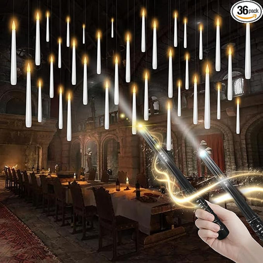 kakoya Flameless Floating Candles with Wand,36 Pcs Magic LED Hanging Taper Candles,Flickering Battery Operated Taper Candle with Wand Remote for Halloween Decorations Best Gift(White)