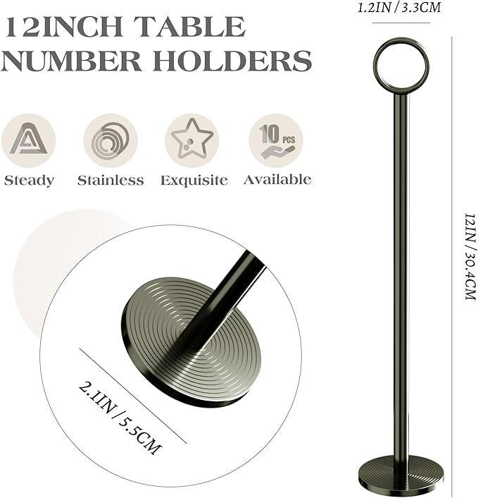 Urban Deco 12PK Table Number Holders Place Card Holders 12 Inch Table Card Holders Steel Card Holders for Photos, Food Signs, Memo Notes, Weddings, Restaurants, Birthdays (Nickel Black)
