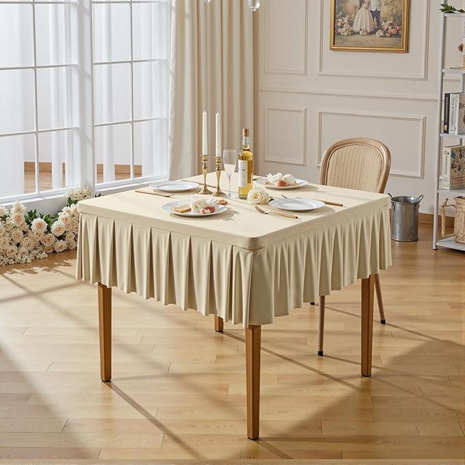 Wish Care Natural Spandex Tablecloths for 34x34 Inch Square Tables, Stretch Fitted Table Clothes with Pleated Ruffle Skirt for 34” Table, Wrinkle Free and Elastic, for Party Kitchen Home Dining