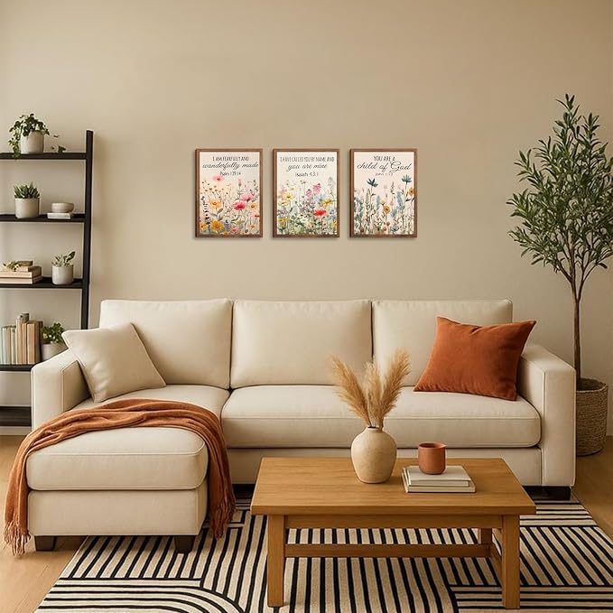 Christian Floral Bible Verse Wall Art Set of 3, Flower Canvas Wall Decor, Steadfast Love Of Lord Religious Faith Posters Prints for Prayer Room Living Room Bedroom Home Decoration 16x24in Wood Framed