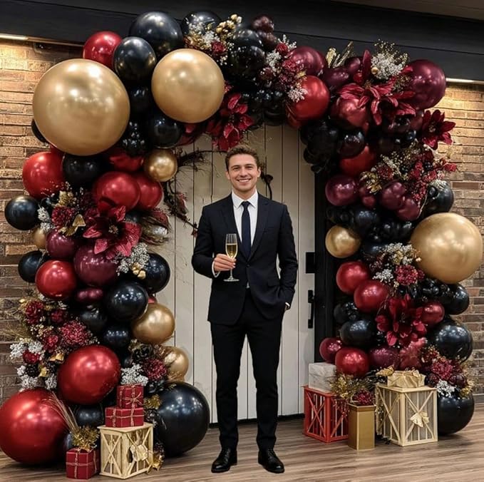 Burgundy Black Gold Balloon Garland Double Stuffed Dark Red Gold Maroon Black Balloon Arch Kit for Birthday Graduation Anniversary Prom Party Decoration