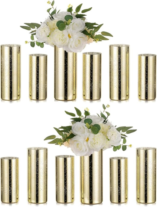 Glass Cylinder Vases Set of 12, Hewory Glittery Gold Vase for Centerpieces, Glass Hurricane Candle Holders for Pillar Floating Candle, Tall Round Vase for Wedding Anniversary Events Home Table Decor