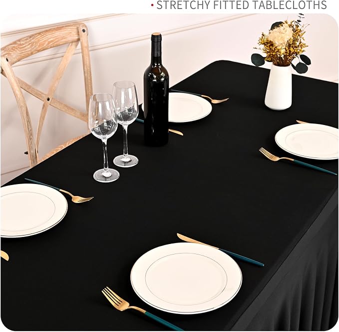 fani 2 Packs Black Stretch Table Skirts for 6 Foot Rectangle Table, Washable Spandex Stretch Tablecloths with Skirt, Wrinkle Resistant Fitted Tablecover for Wedding Party Banquet