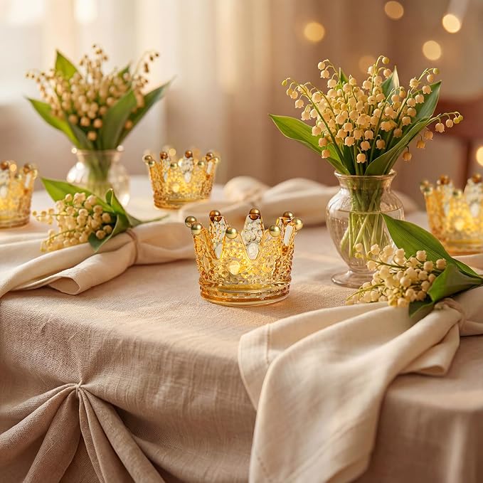 Rubtlamp Amber Crown Candle Holders Set of 6 with Gold Tips, Gold Glass Votive Candle Holders, Tealight Candle Holder for Table Centerpieces, Home, Bridal Shower, Birthday