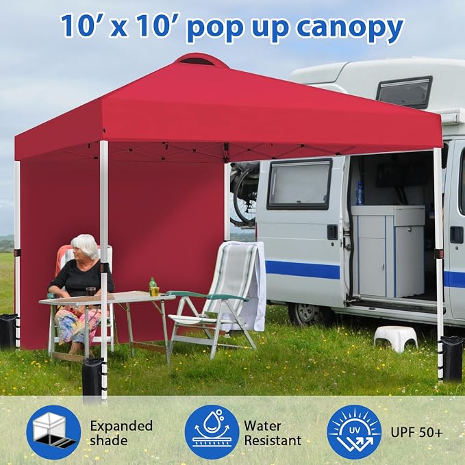Durable 10 x 10 Pop-up Canopy Tent with 1 Sidewall, Portable Instant Camping Beach Canopy Tents, Red