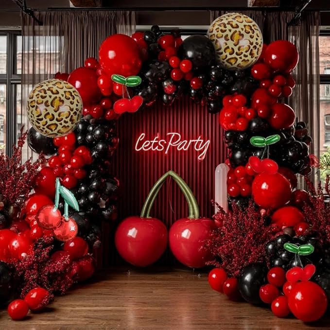 Red Black Balloon Arch Kit Double Stuffed Burgundy Black Maroon Balloon Garland Cherry Cheetah Print Balloons for Birthday Bridal Baby Shower Mother's Day Bachelorette Graduation Party Decorations