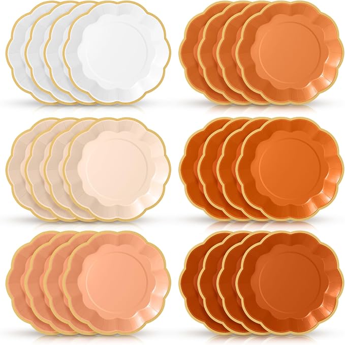 72 Pcs Beige-orange Peach Paper Plates 9 Inch Orange Gradient Scalloped Paper Disposable Dinner Dessert Plates for Birthday Wedding Bridal Baby Shower Party Supplies, 6 Colors