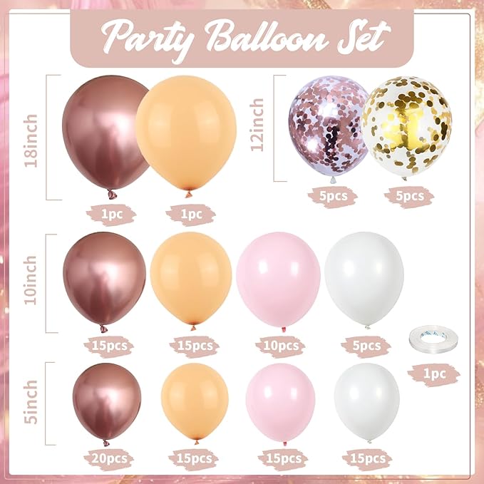 Rose Gold Balloon Garland Arch Kit, 122Pcs Metallic Rose Gold Pink White Gold Balloons for Wedding Bridal Baby Shower Graduation Girls Women Mother Day Birthday Party Decorations