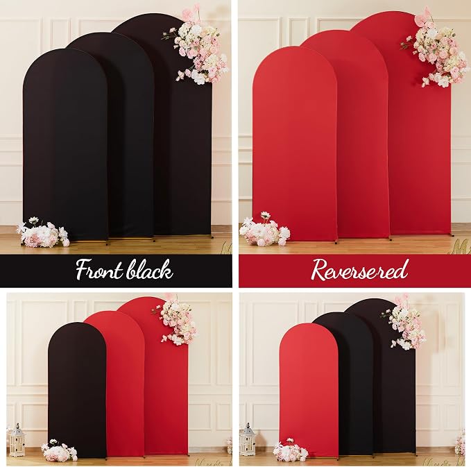 Wedding Arch Backdrop Cover Set of 3, Red and Black Double Color Arch Stand Covers, 6FT, 5FT, 4FT Spandex Fitted Arch Covers for Graduation Birthday Party Banquet Photography Background Decoration
