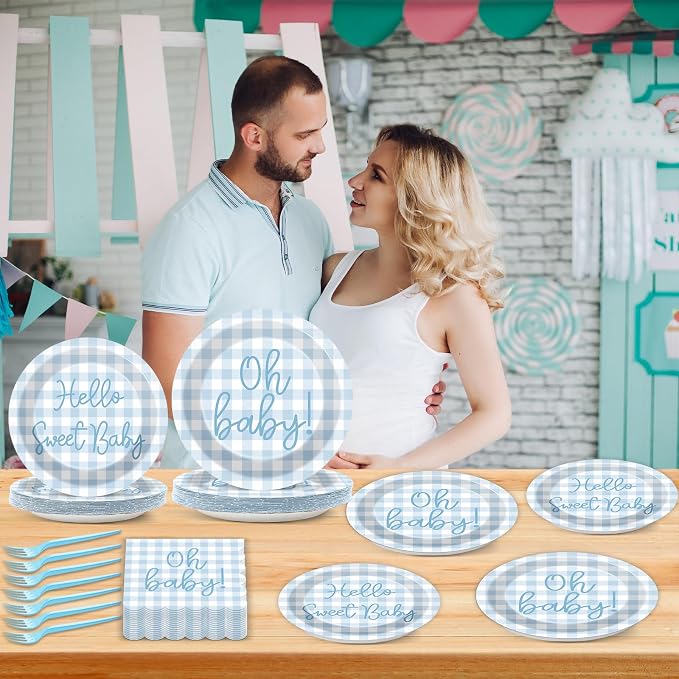 96PCS Blue Baby Shower Decorations Blue Plaid Paper Plates Scalloped Napkin Plaid Tableware Set Hello Sweet Boy Disposable Dinnerware Party Favors for Gender Reveal Birthday Party Supplies