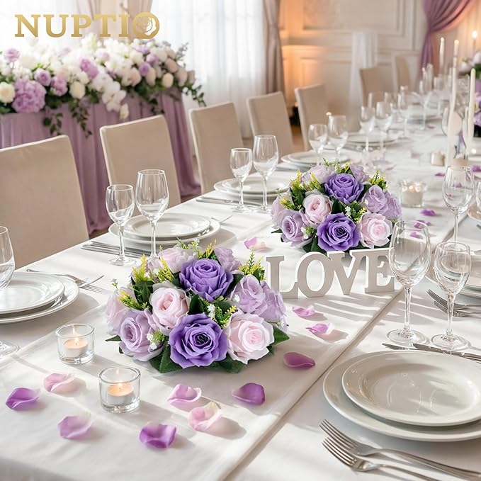 NUPTIO Artificial Flower Ball Centerpieces: Lilac & Purple & Pink Rose Arrangements for Wedding Party Tables - 2 Pcs Faux Silk Floral DIY Kissing Balls for Home Event Dining Decorations