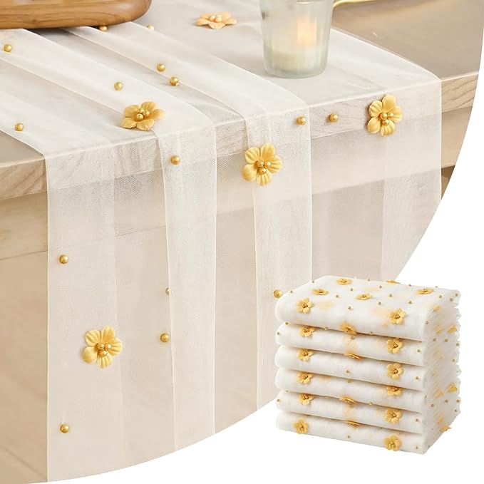 Artoid Mode Yellow Flower Pearl White Gauze Table Runner 10FT 6PC, Seasonal Sheer Dining Holiday Wedding Birthday Baby Shower Table Decor for Home Party