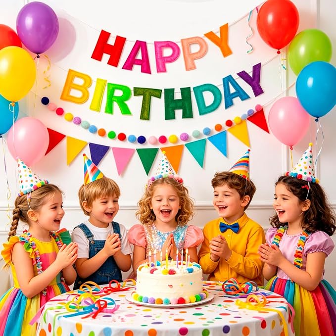 Pre-Strung 3D Rainbow Happy Birthday Banner, 3 PCS Happy Birthday Felt Sign, Pom Pom Garland, Triangle Fabric Bunting, Colorful Reusable Birthday Decorations for Women Men Girls Boys
