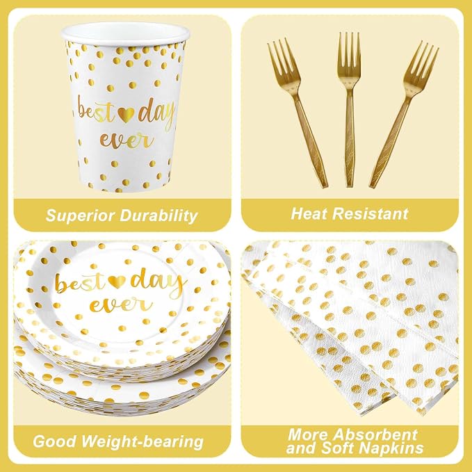 MotiMind 120 Pcs Best Day Ever Wedding Tableware Set Wedding Reception Party Supplies Beverage Table Decorations White and Gold Dot Paper Plates, Cups, Napkins, Forks for 24 Guests