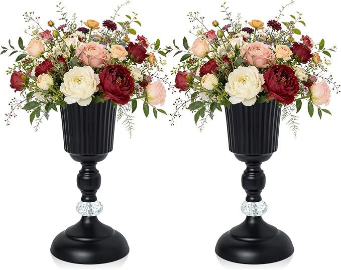 11.6 inches Metal Wedding Flower Trumpet Stripe Vases Table Centerpieces for Artificial Flower Arrangements for Anniversary Celebration/Wedding/Party/Birthday Event Aisle Home Decor (Black, 2pcs)